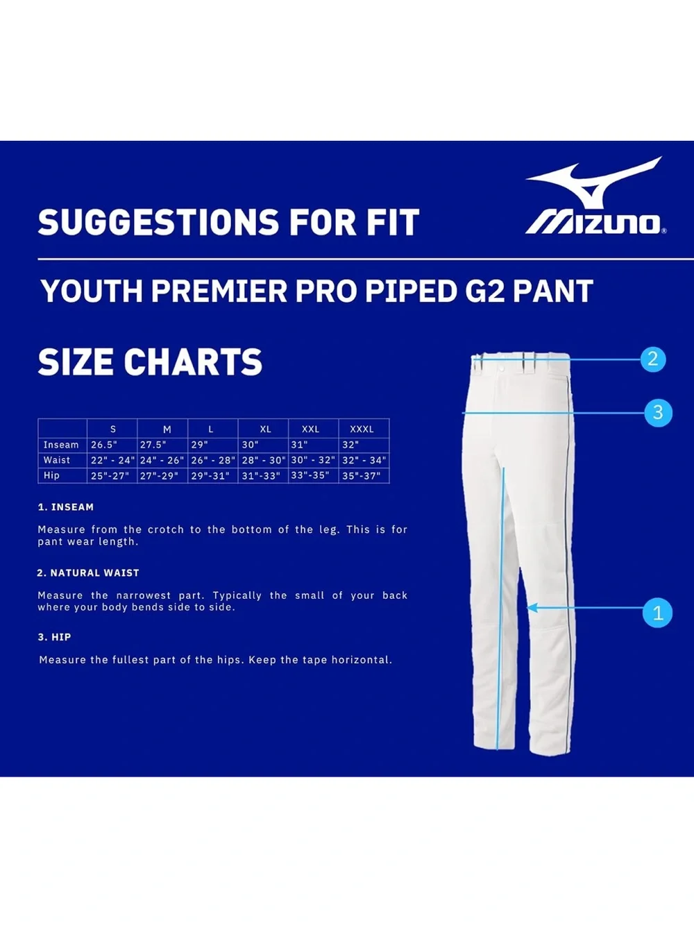 Mizuno Youth Select Pro Piped G2 Pants, White/Royal, X-Large 1837/bb2-1